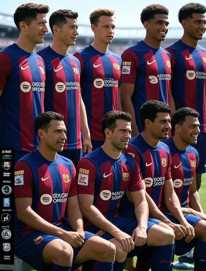 تصویری از بازیکنان تیم بارسلونا در بازی EA Sports FC 24، شامل رابرت لواندوفسکی با امتیاز 90، مارک آندره تر اشتگن با امتیاز 89، فرانکی دی یونگ، پدری، رونالد آرائوخو، ایلکای گوندوگان و ژول کوند، در حال نمایش رتبه‌ها و امتیازاتشان در لباس‌های رسمی تیم